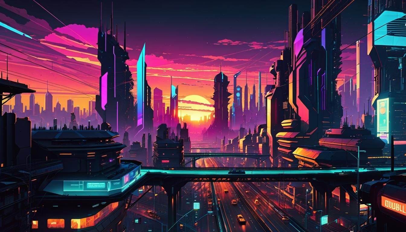 Cyberpunk Metropolis Sunset in Vector Art Style