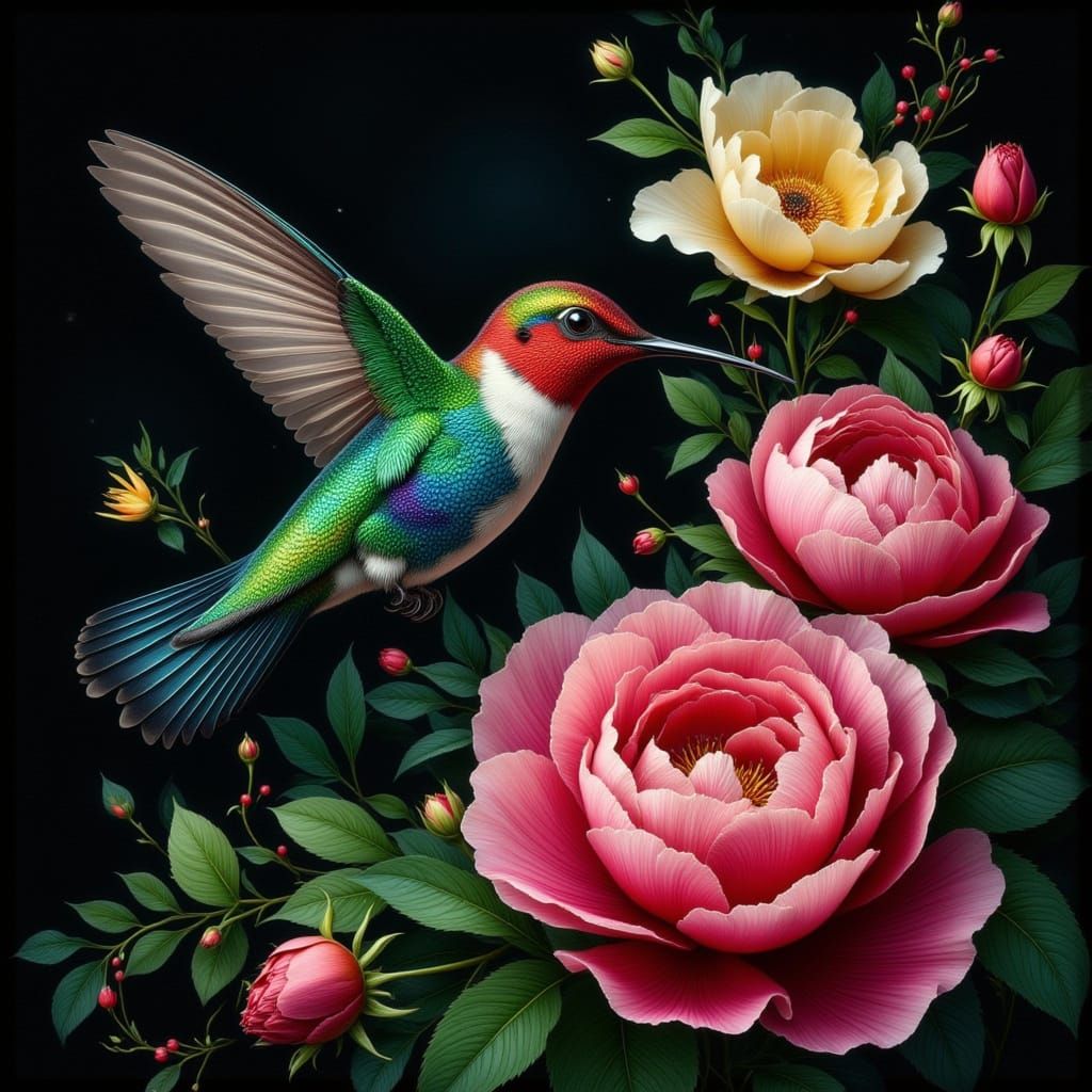 Realistic Hummingbird Among Lush Flowers in Botanical Style