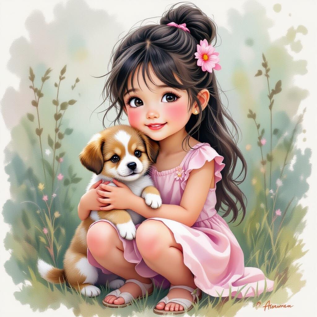 Girl with Puppy as Colored Pencil Drawing