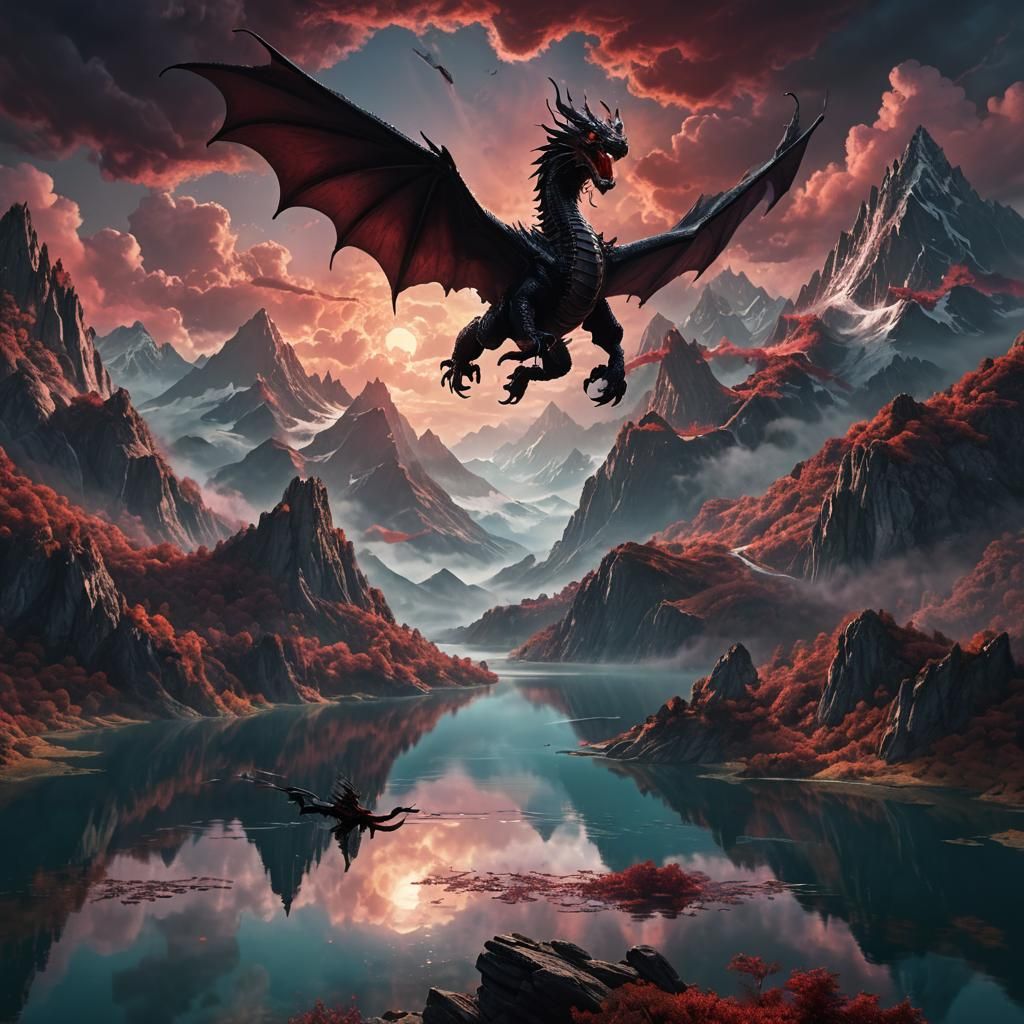 Black Dragon Flight Over Mountain Lake