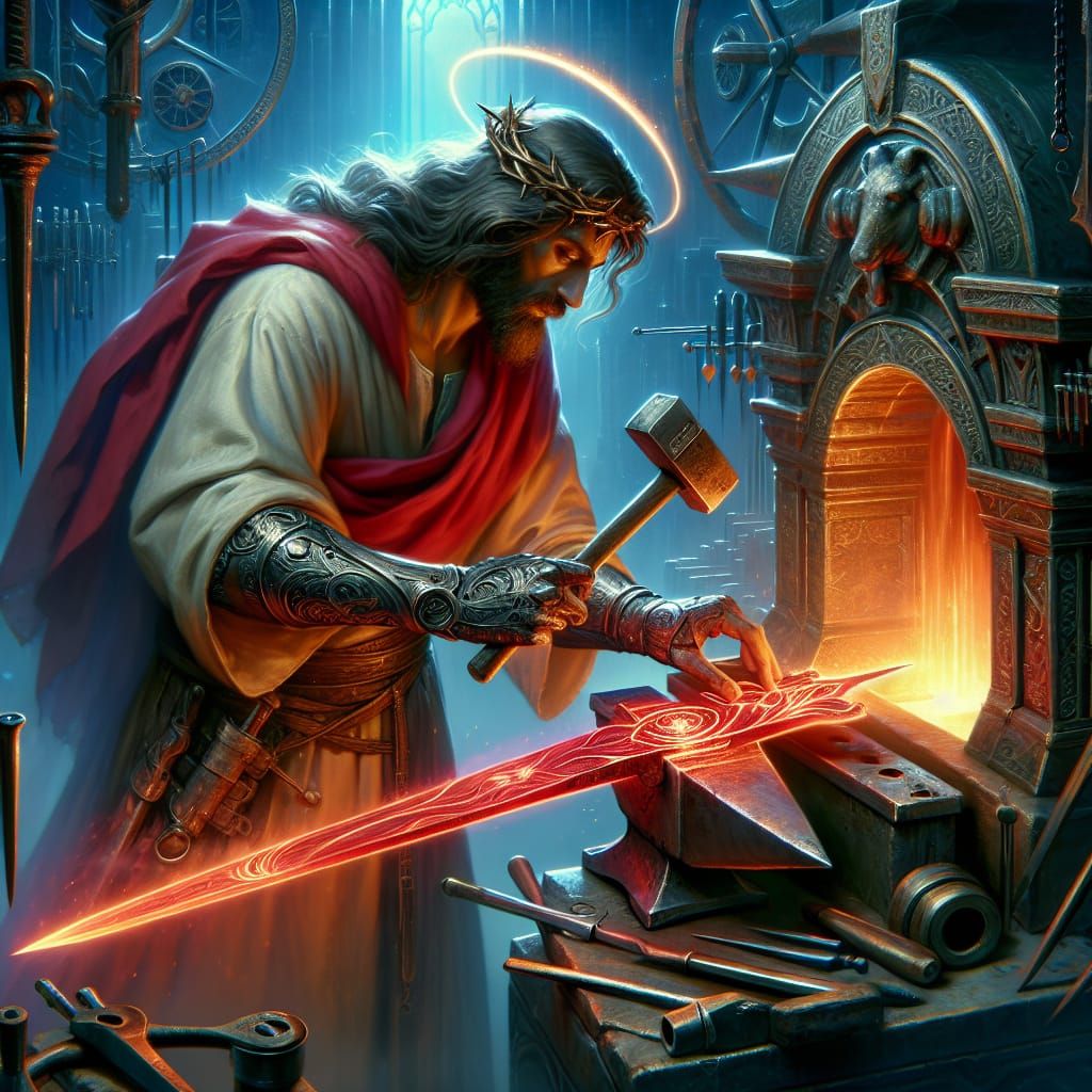 Jesus Christ as Blacksmith Forging Celestial Sword