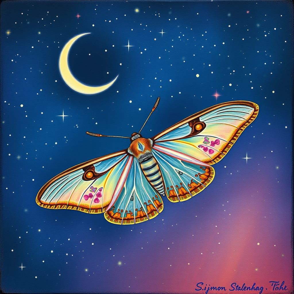 Iridescent Moth Against Starry Sky