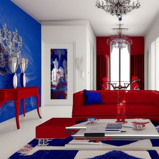 Red gothic fractals penthouse with red fractals walls with cobalt blue fractals accents& silver fractals accents& white ...