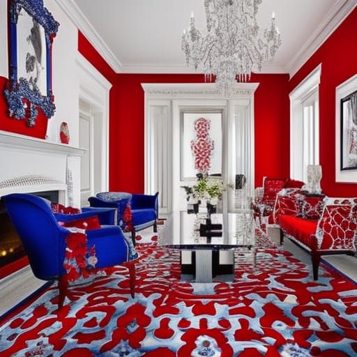 Red gothic fractals penthouse with red fractals walls with cobalt blue fractals accents& silver fractals accents& white ...