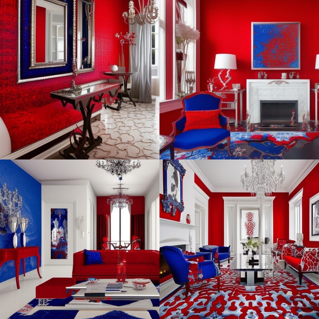 Red gothic fractals penthouse with red fractals walls with cobalt blue fractals accents& silver fractals accents& white ...