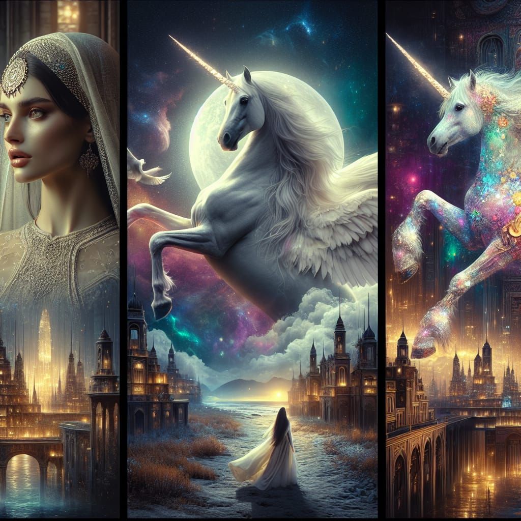 Fantasy Princess and Unicorn Triptych in Digital Art