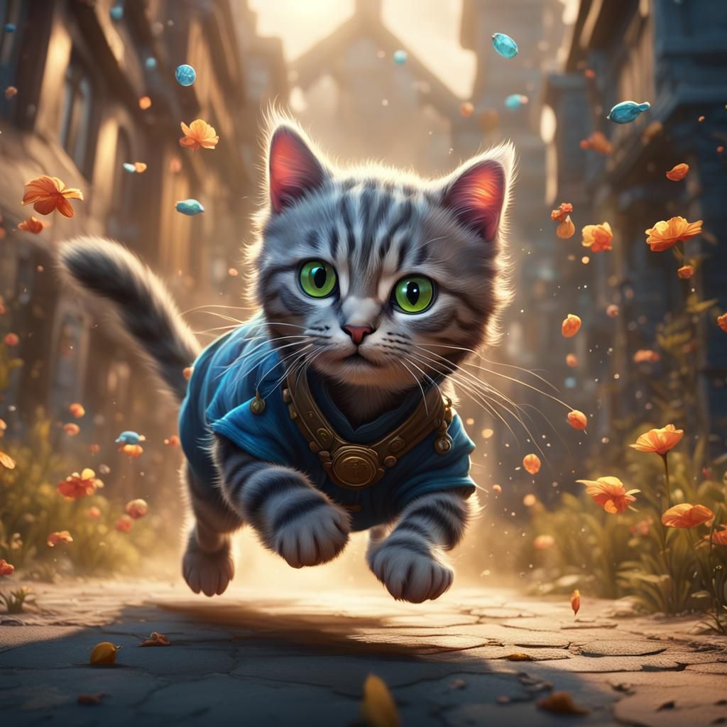 Cute Cat Running: Detailed Digital Matte Painting
