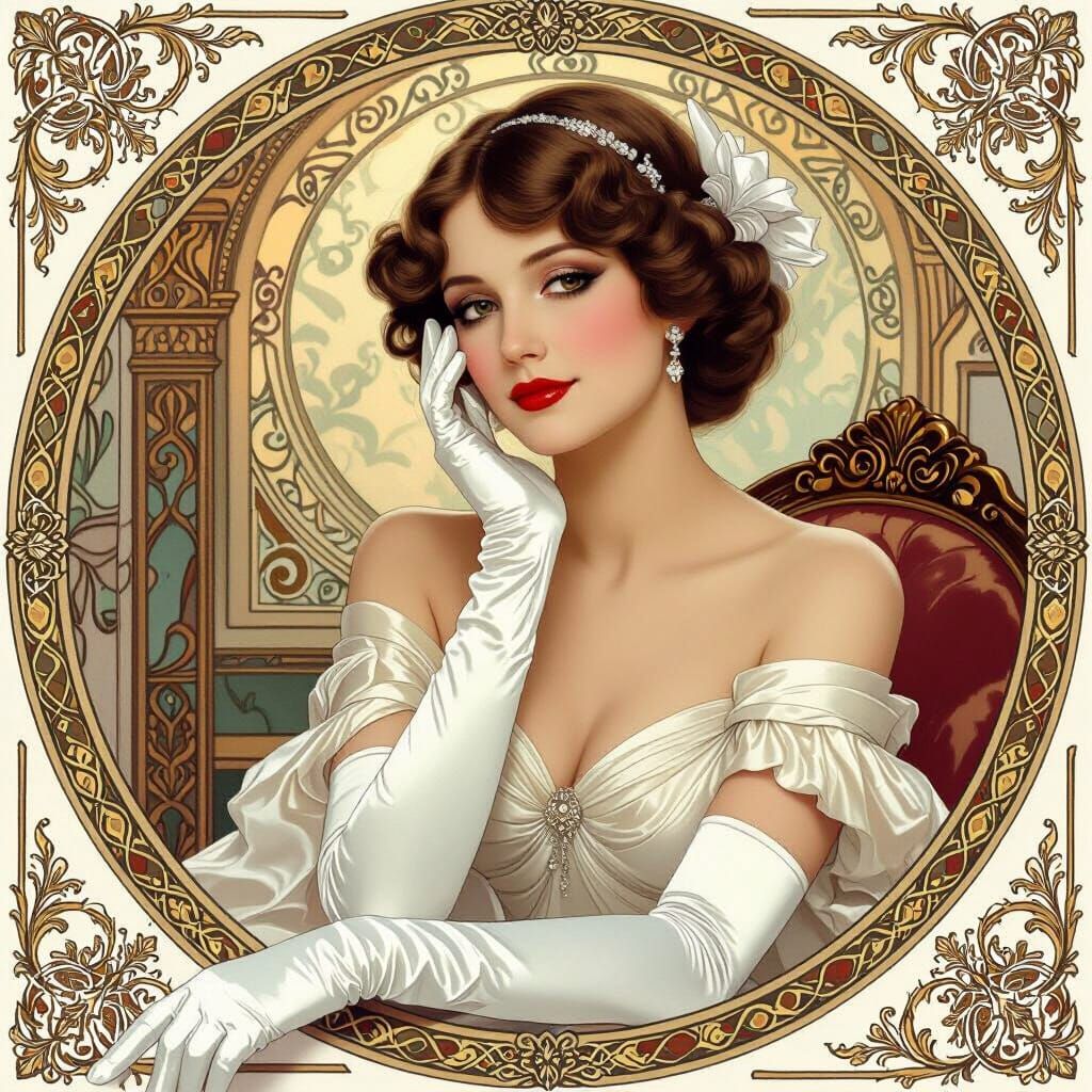Elegant Woman in Satin Gloves, Art Nouveau Style