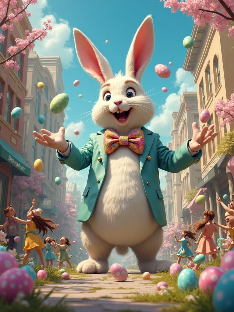 Easter Bunny Chaos in Vibrant, Fantastical Landscape