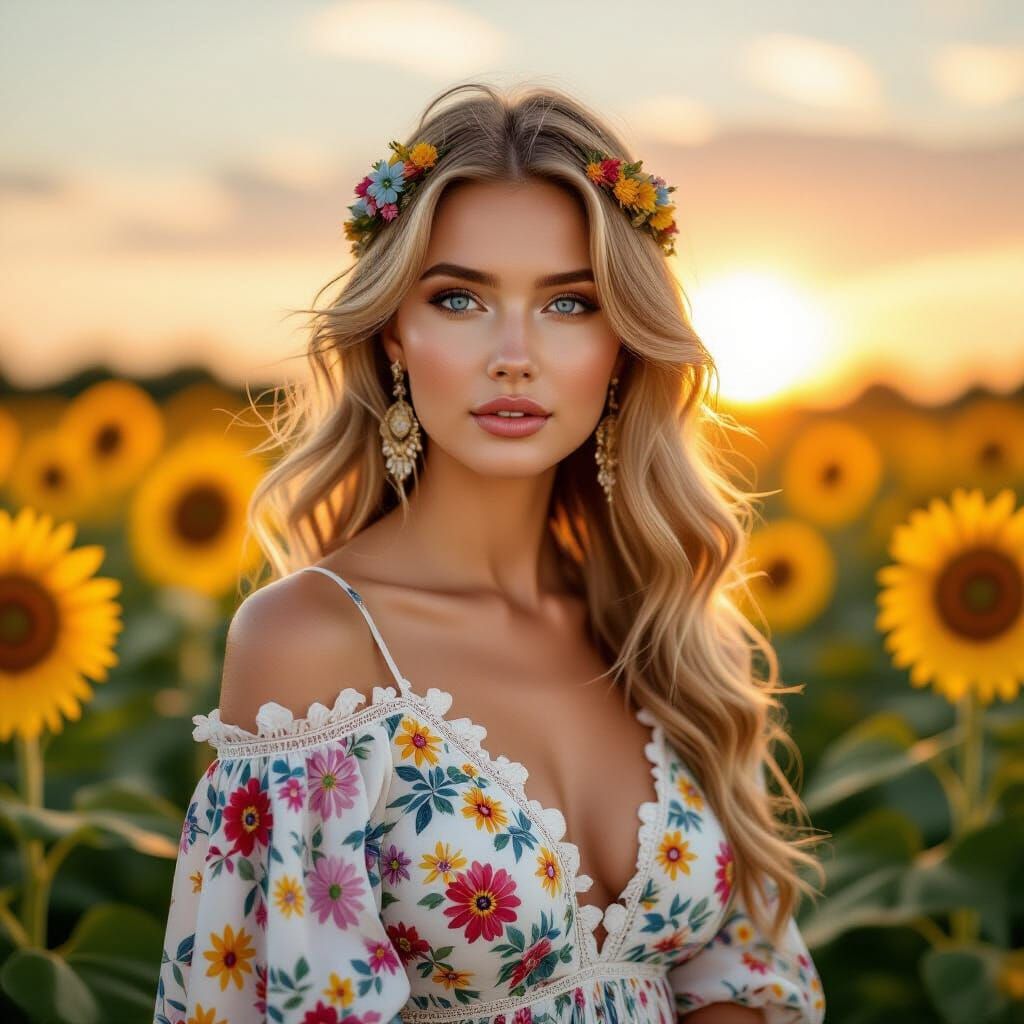 Captivating Ukrainian Woman in Sunflower Field, Art Nouveau ...