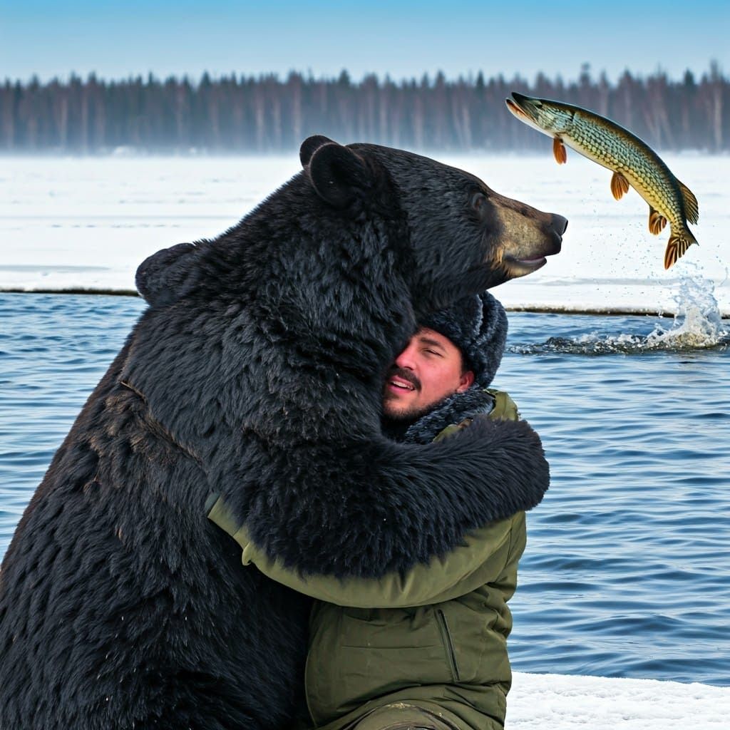 Man in Ushanka Hugs Bear by Frozen River