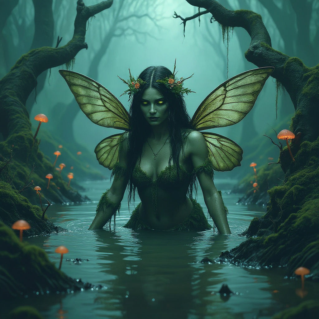 Swamp Fairy Emerging from Murky Bog in Ethereal Style