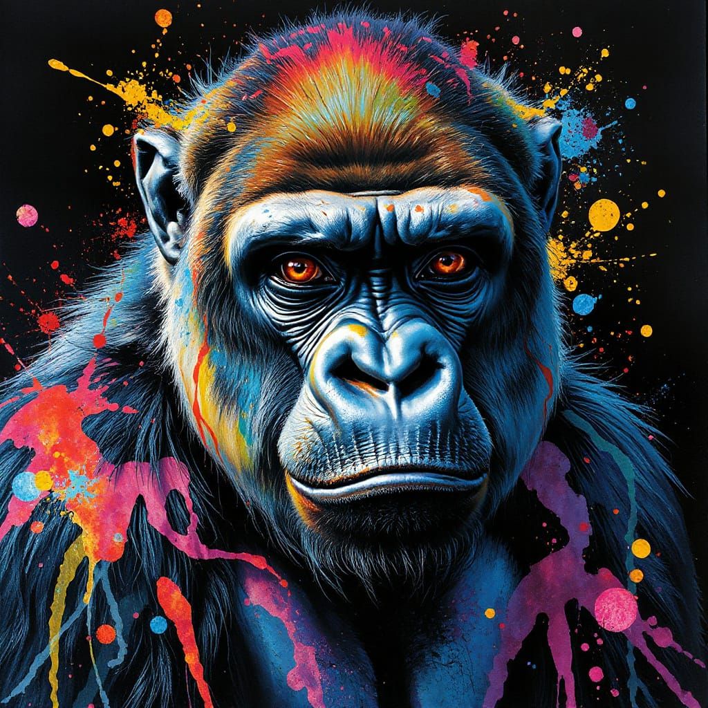 Gorilla Portrait in Watercolor Ink Splatter Style