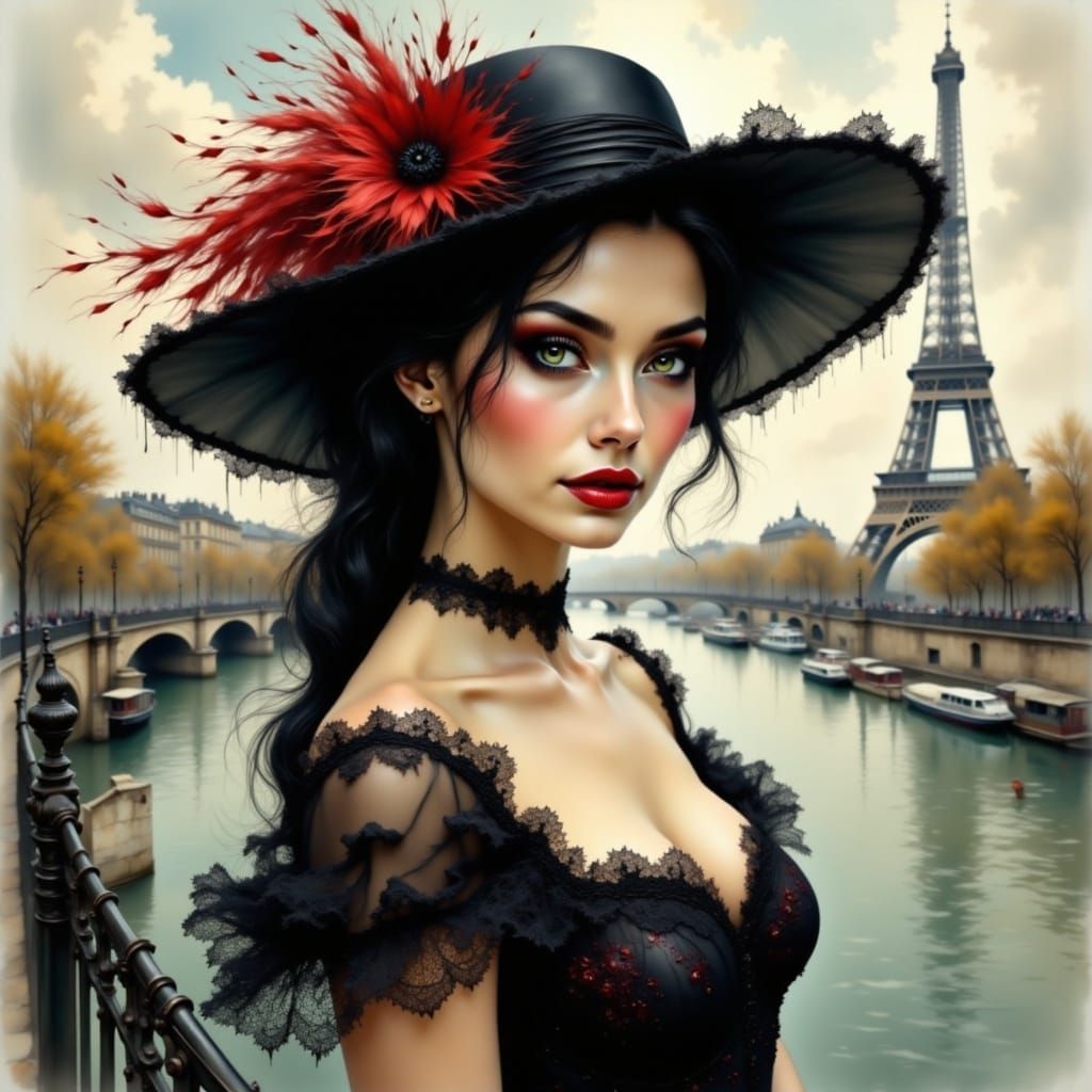 Elegant Woman in Black, Seine River, Parisian Elegance