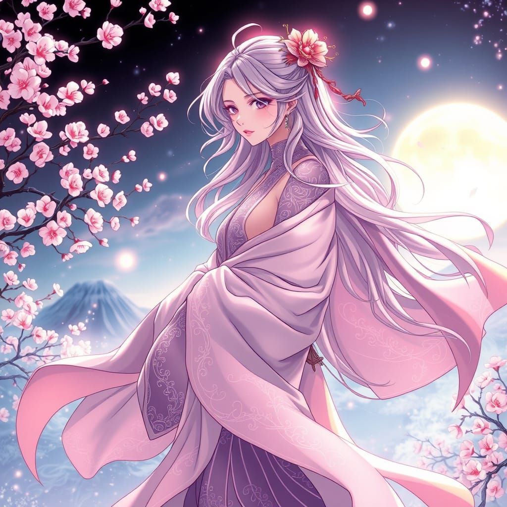 Dreamlike Femme Figure in Moonlit Japanese Garden