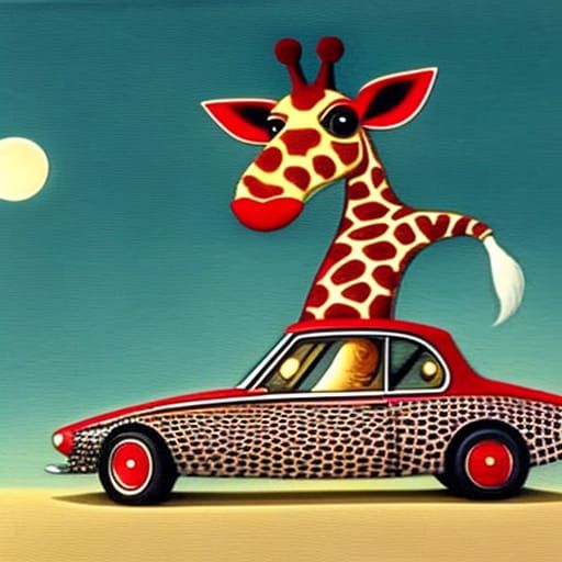 Chibi Giraffe Drives a Red Car in Cubist Style