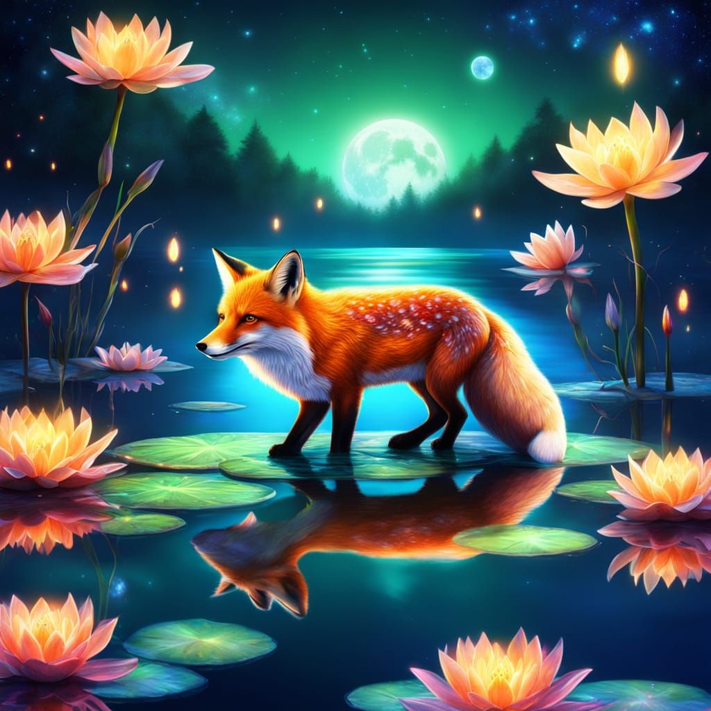 Fox on Lily Pad in Astral Fantasy Landscape