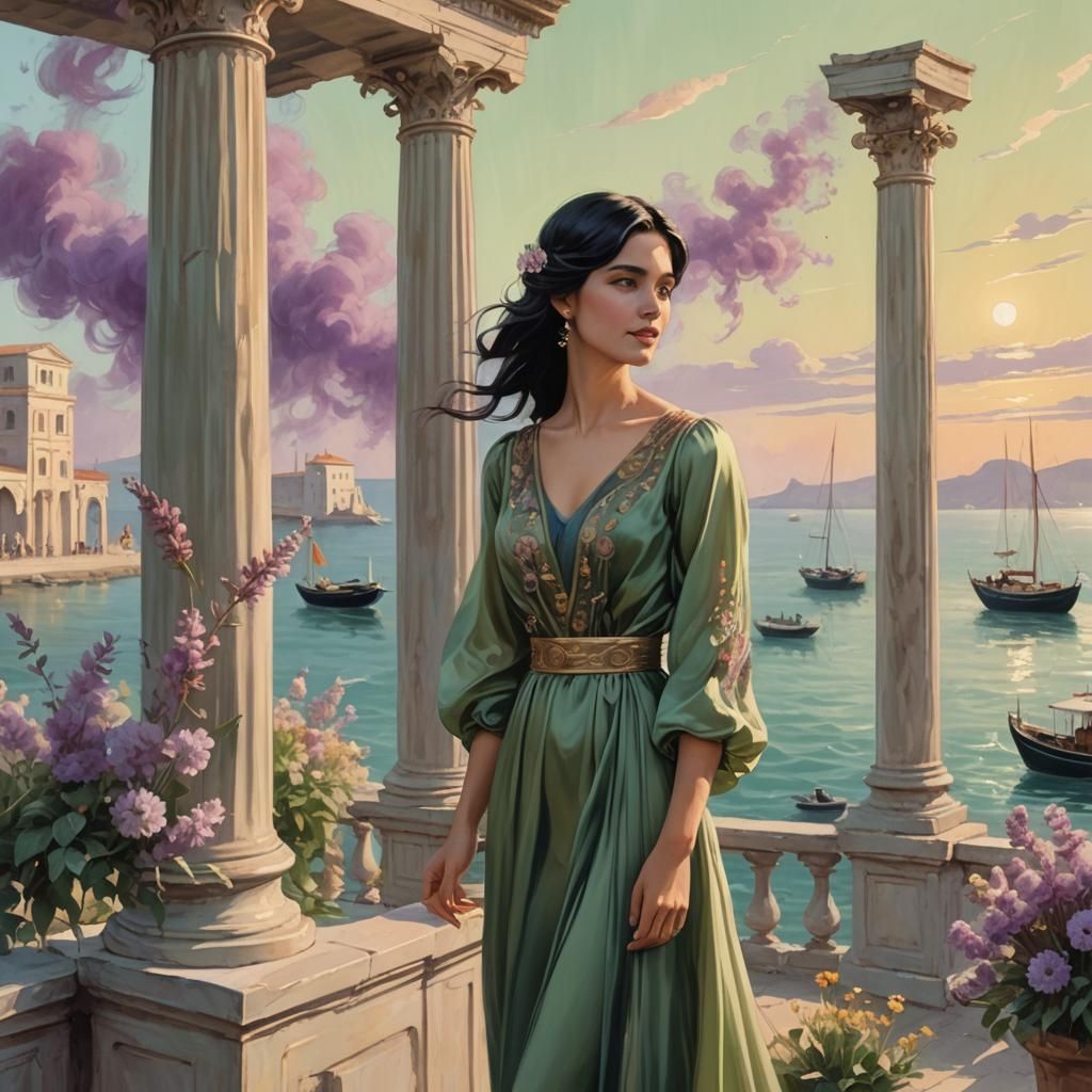 Pastel Surrealist Girl by the Sea at Sunset