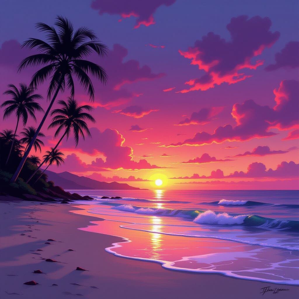 Vibrant Sunset Over Tropical Beach With Palm Trees