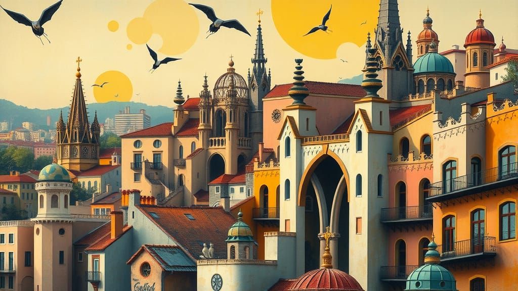 Vibrant Barcelona Cityscape with Gothic and Modernist Influe...