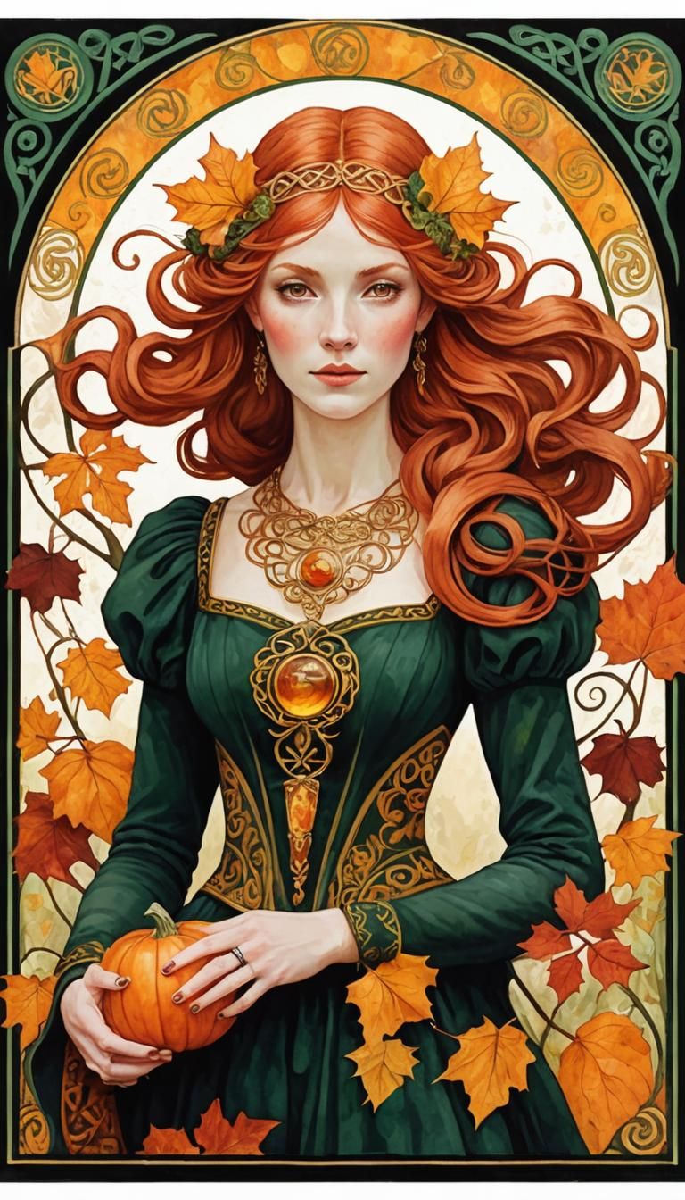 Celtic Autumn Goddess in Lush Landscape