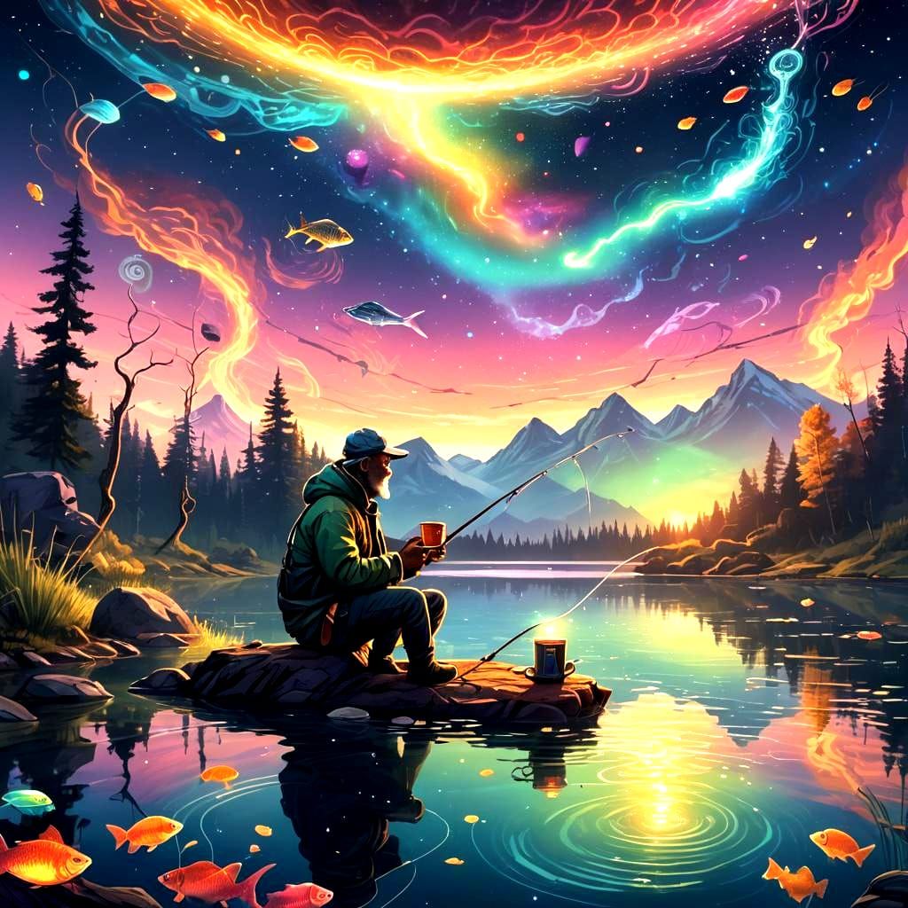 Fisherman's Cosmic Coffee Break: A Mixed Media Illustration