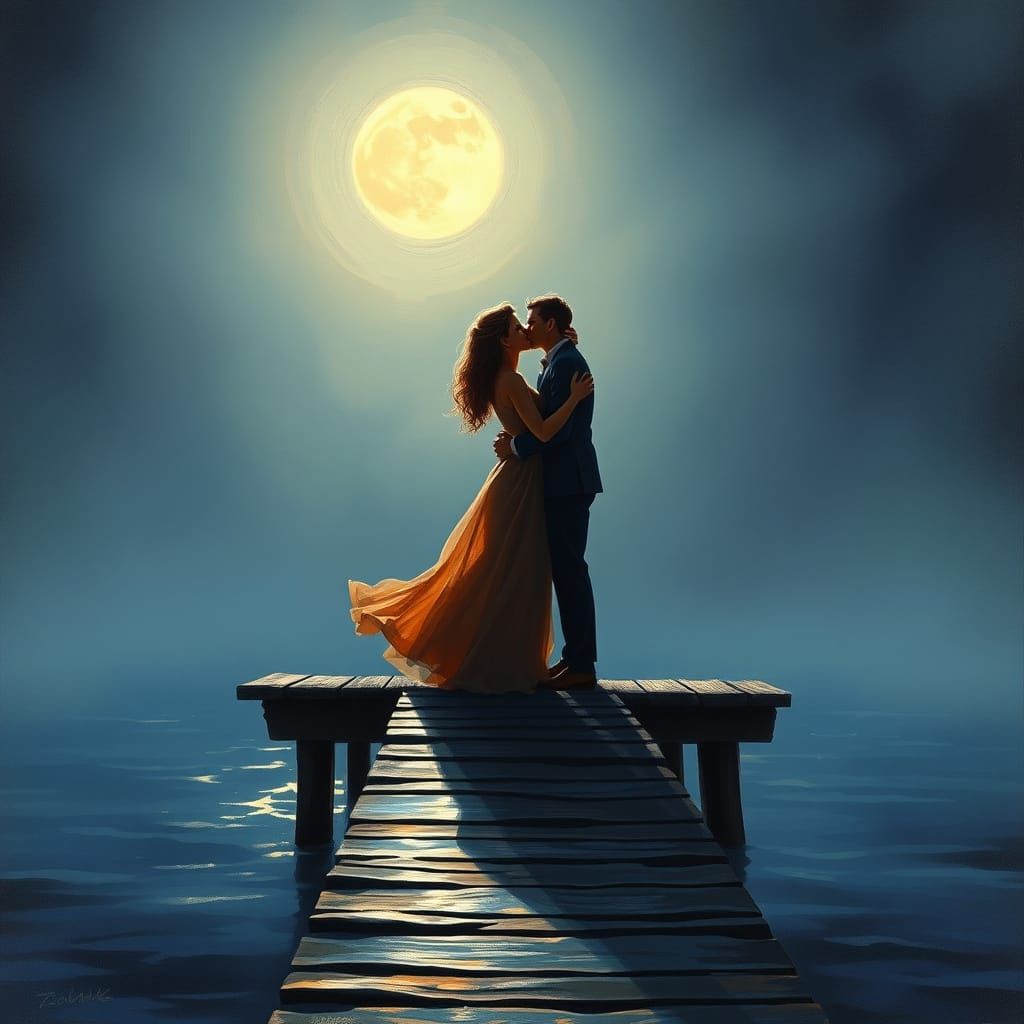 Romantic Couple Kissing on Pier Under Full Moon Oil Painting
