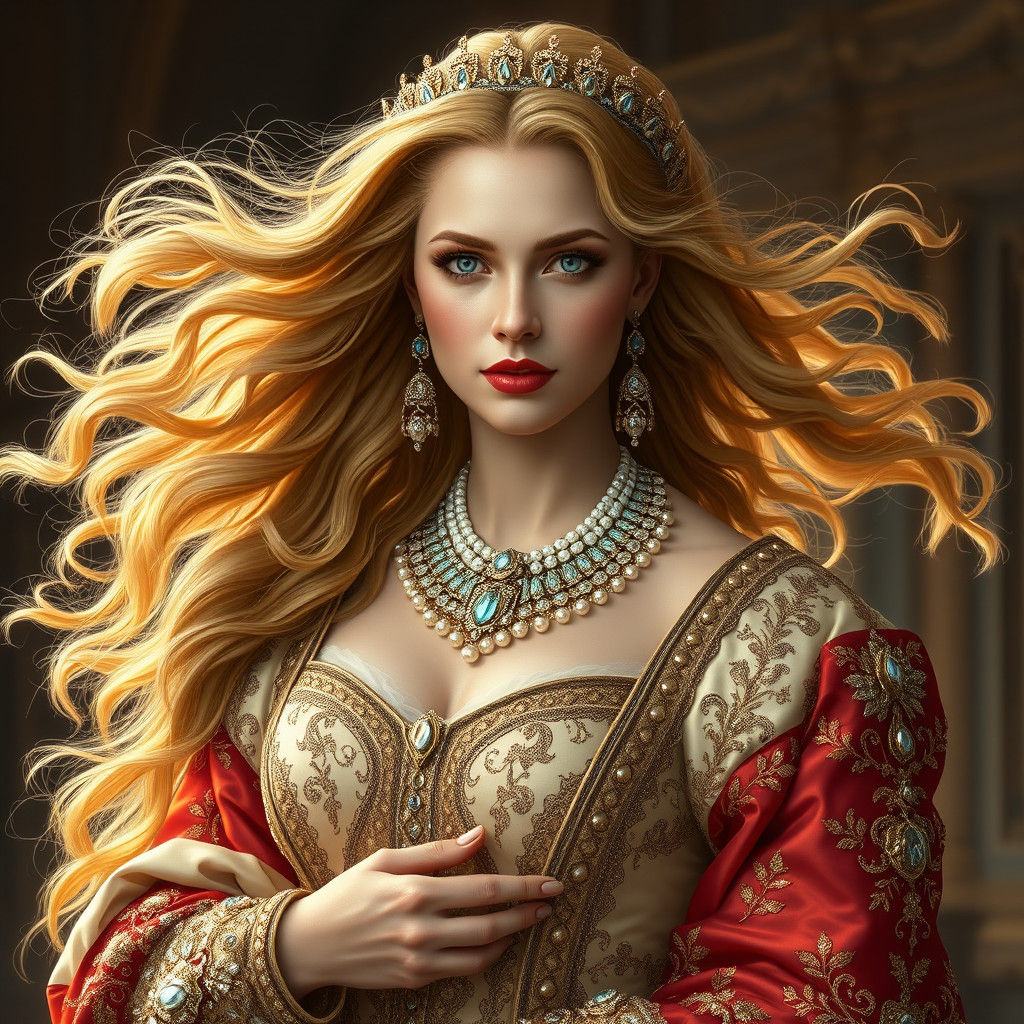 Regal Queen in Opulent Gown, Digital Matte Painting