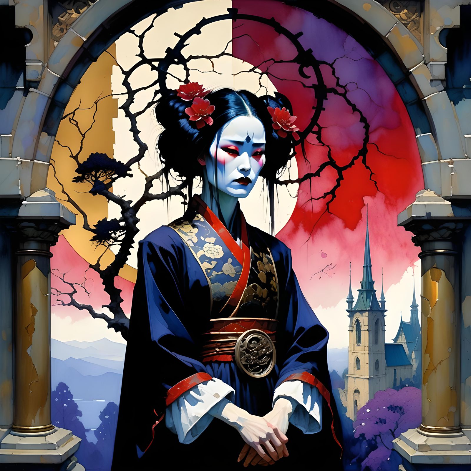 Mysterious Gothic Figure in Romantic Watercolor Art