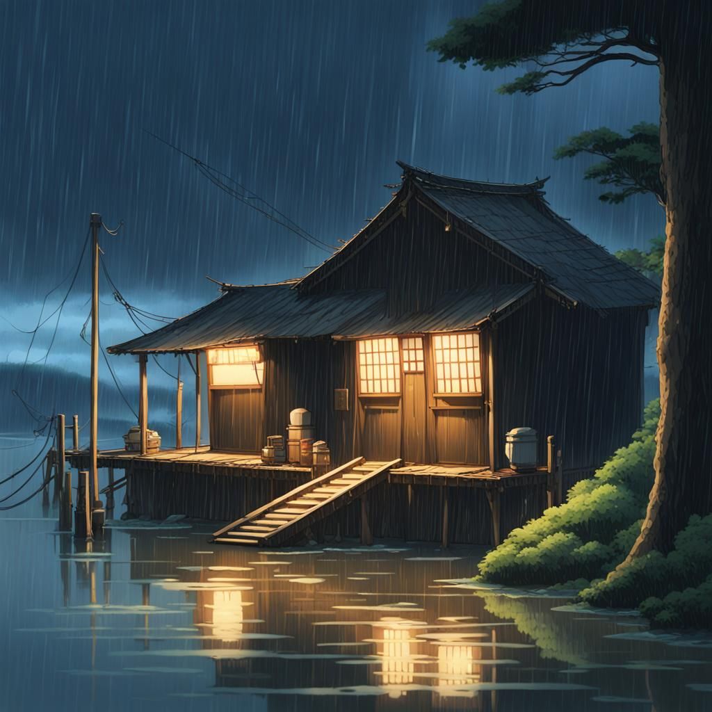 Japanese Hut in Rain: Anime Key Visual