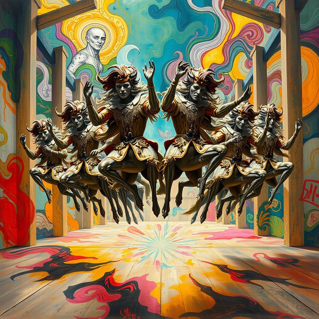 Dynamic Baroque Lords Leap in Vibrant Abstract Scene