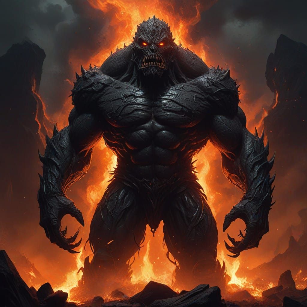 Gothic Volcanic Monstrosity in Molten Lava Landscape