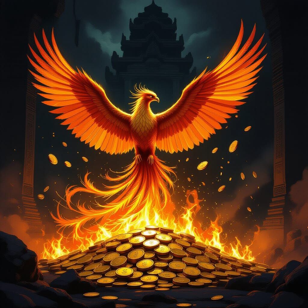 Phoenix Rises From Burning Gold in Epic Fantasy Art
