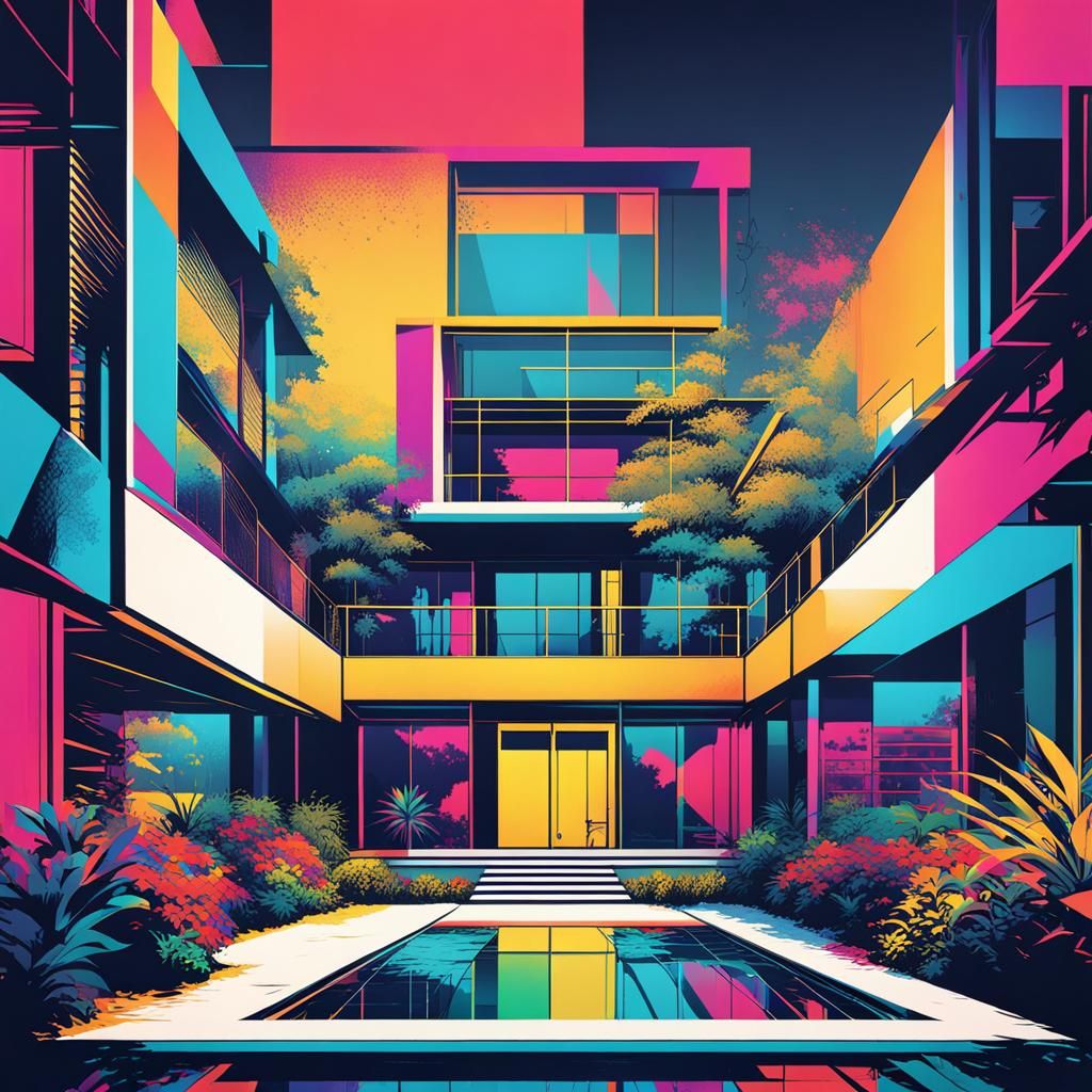 Penthouse Garden Above City in Pop Art Style