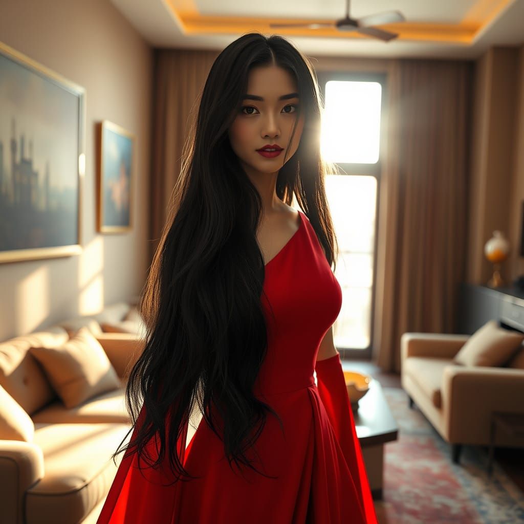 Chinese Woman in Red Dress, Detailed Matte Painting