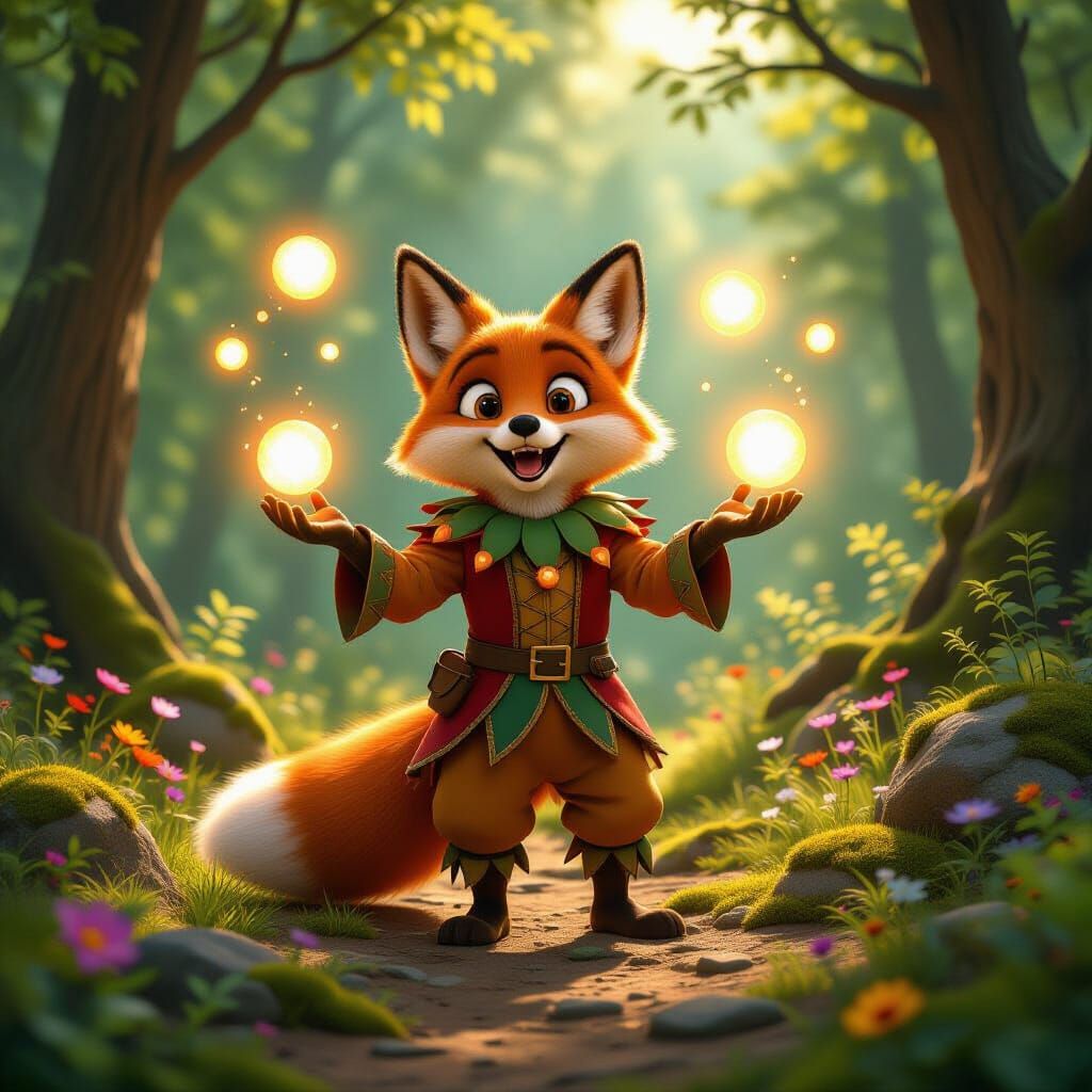 Jester Fox Juggles Light Orbs in Sunlit Forest Clearing
