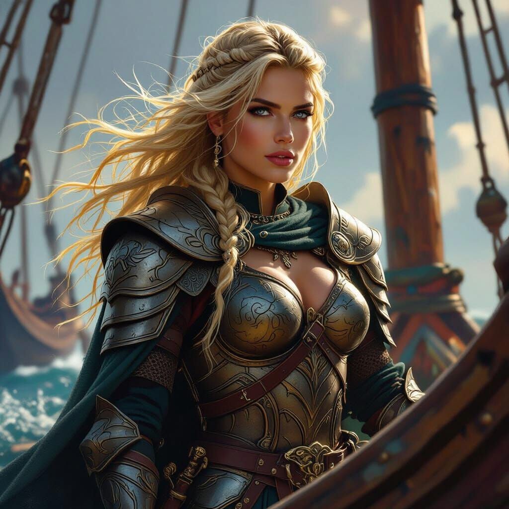 Viking Warrior Woman on Longship, Hyperrealistic Concept Art