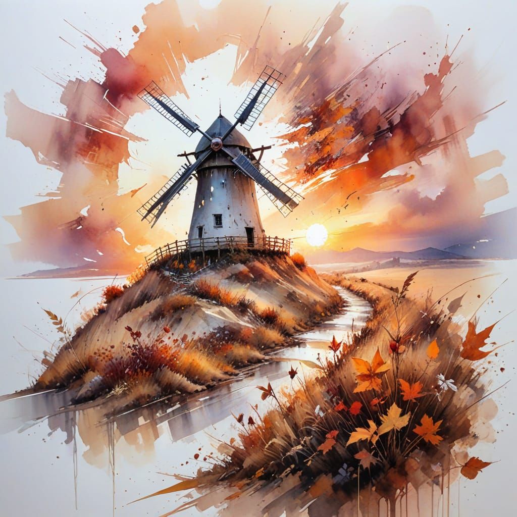 Whimsical Autumn Windmill in Watercolour Style