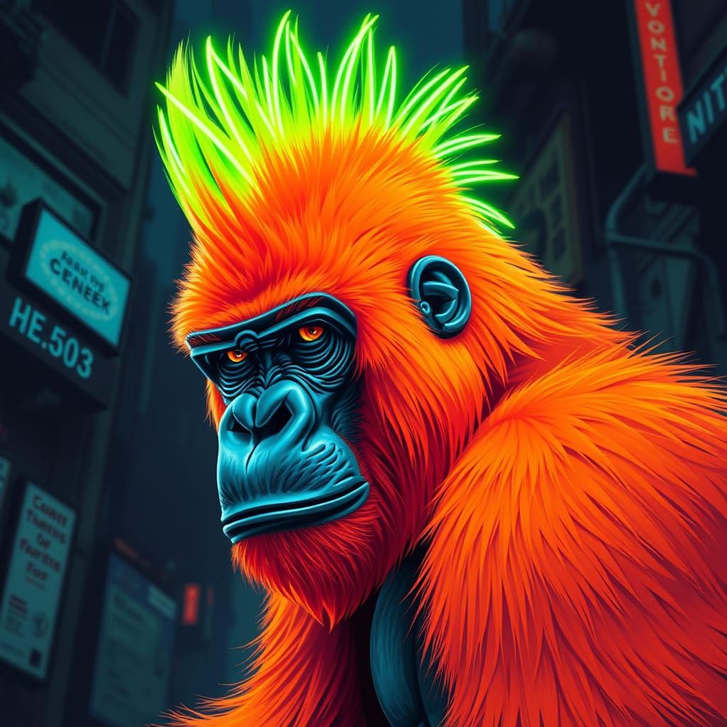 Neon orange gorilla with neon green mohawk