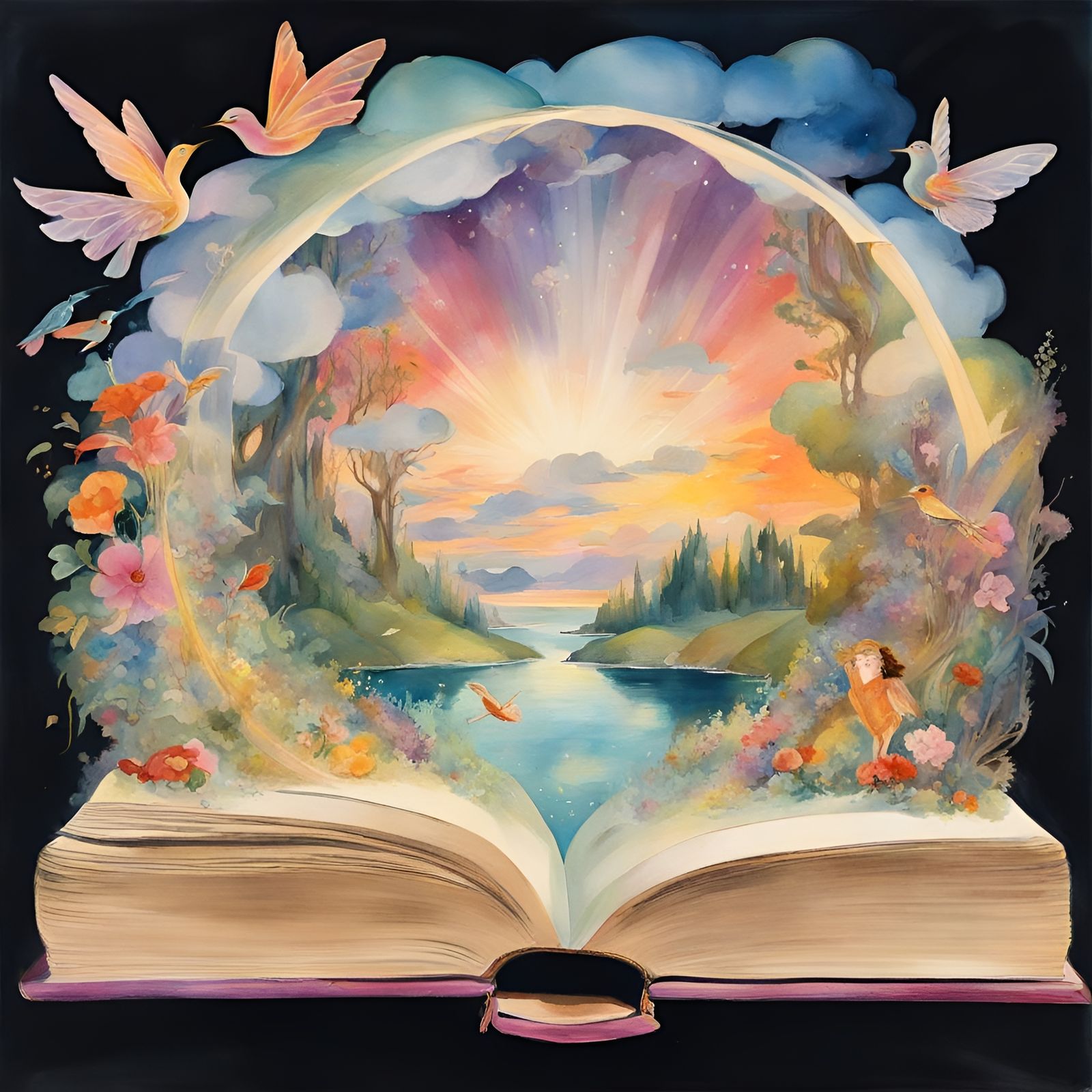 Fairytale Book Portal in Vibrant Watercolor Gouache
