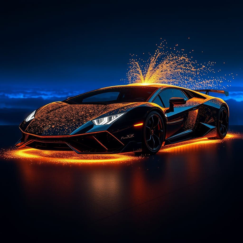 Black Lamborghini Supercar with Golden Flux Lighting