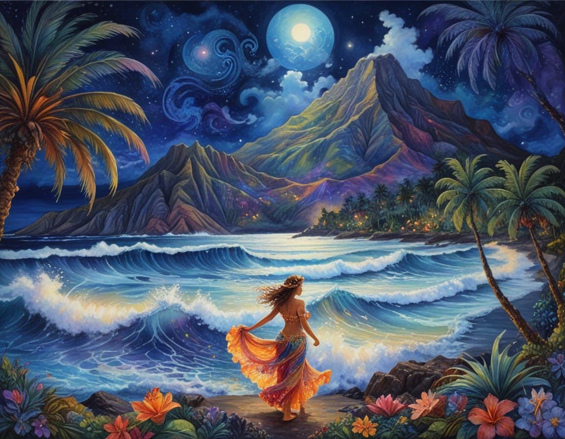 Vibrant Hawaiian Hula Dancer at Night in Maximalist Style