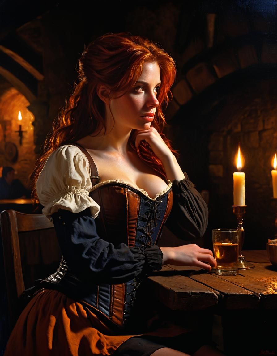 Medieval Tavern Scene in Chiaroscuro Oil Style