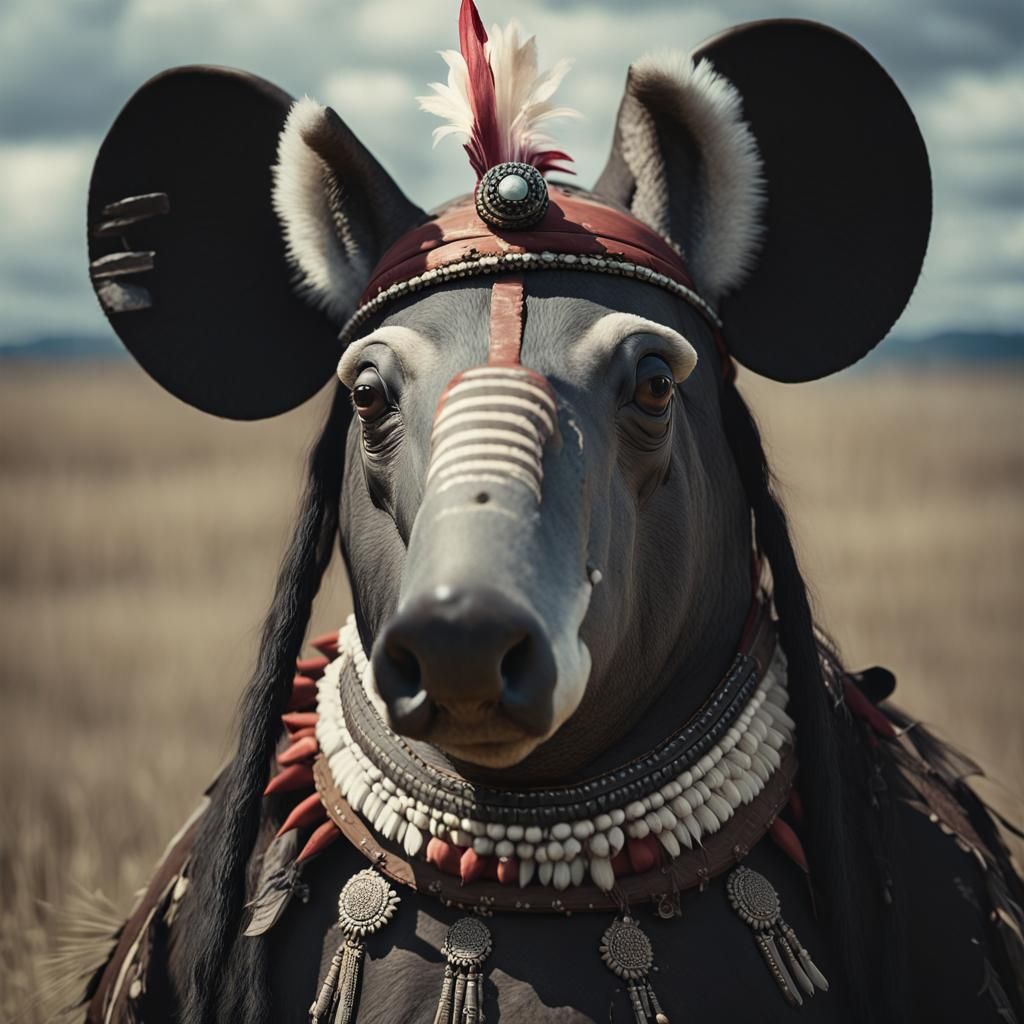 Life like, small squat TAPIR  with a floppy nose and accurate details wearing bridal and saddlestanding by a Rabbi in fu...