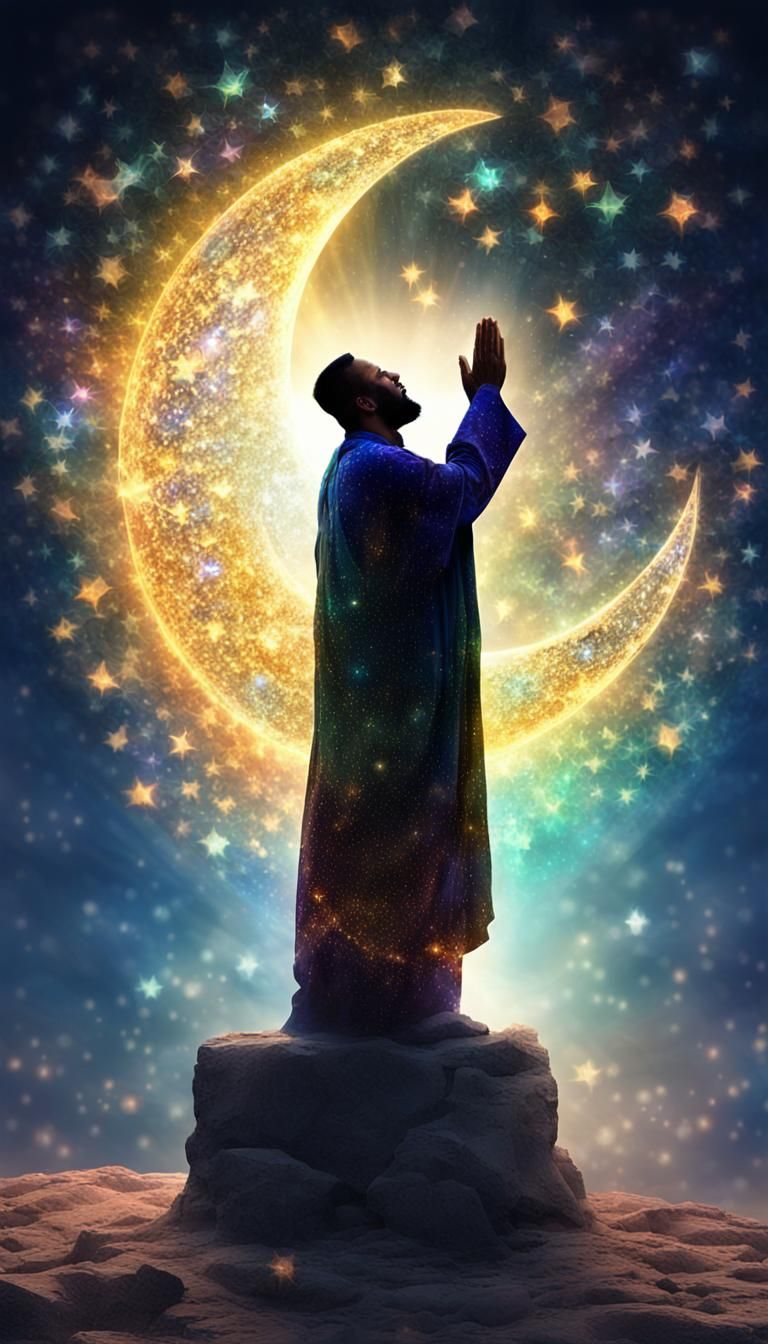 Muslim Prayer Under Crescent Moon with Broken Glass Effect