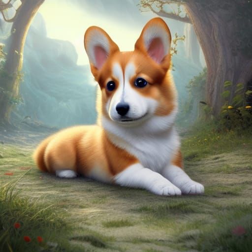 Realistic Corgi Puppy: Detailed Fantasy Art