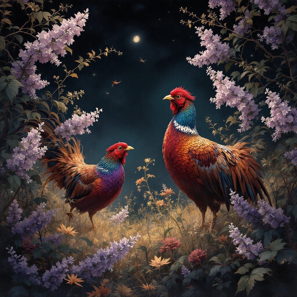 Ethereal Autumn Nighttime Scene with Chinese Pheasants and L...