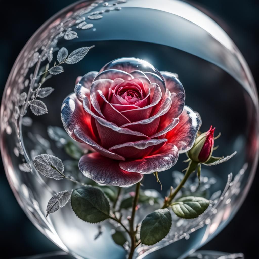 Crystal Sphere Rose: Hyperrealistic Still Life