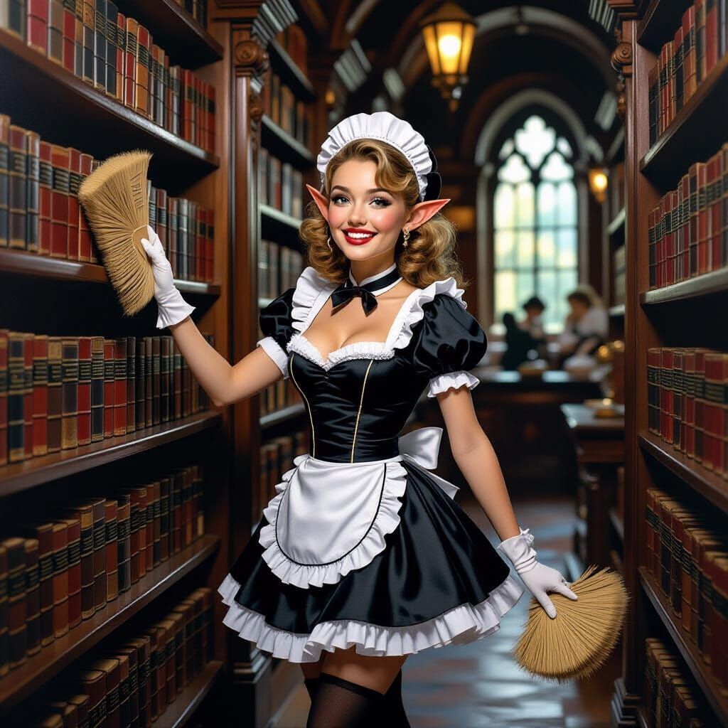 Elven Maid Dusting in Surrealist Style