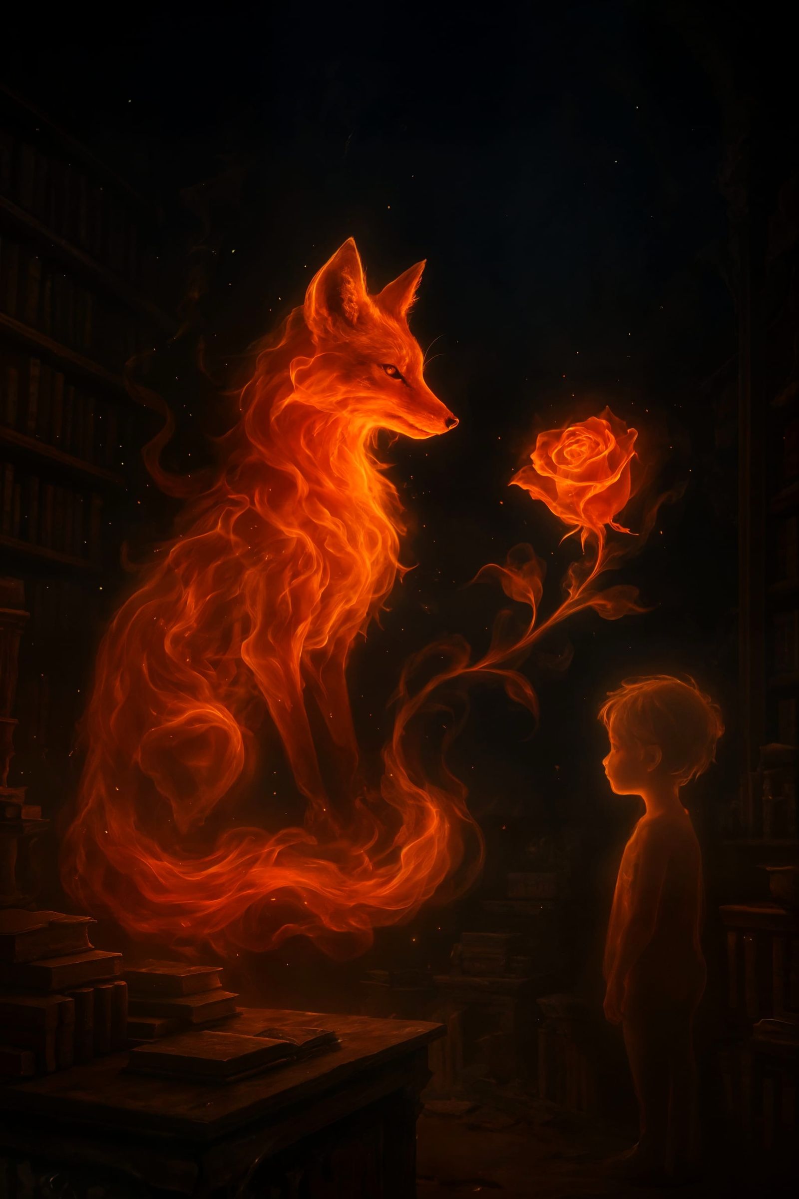 Fiery Fox Spirit and Rose in Shadowy Library